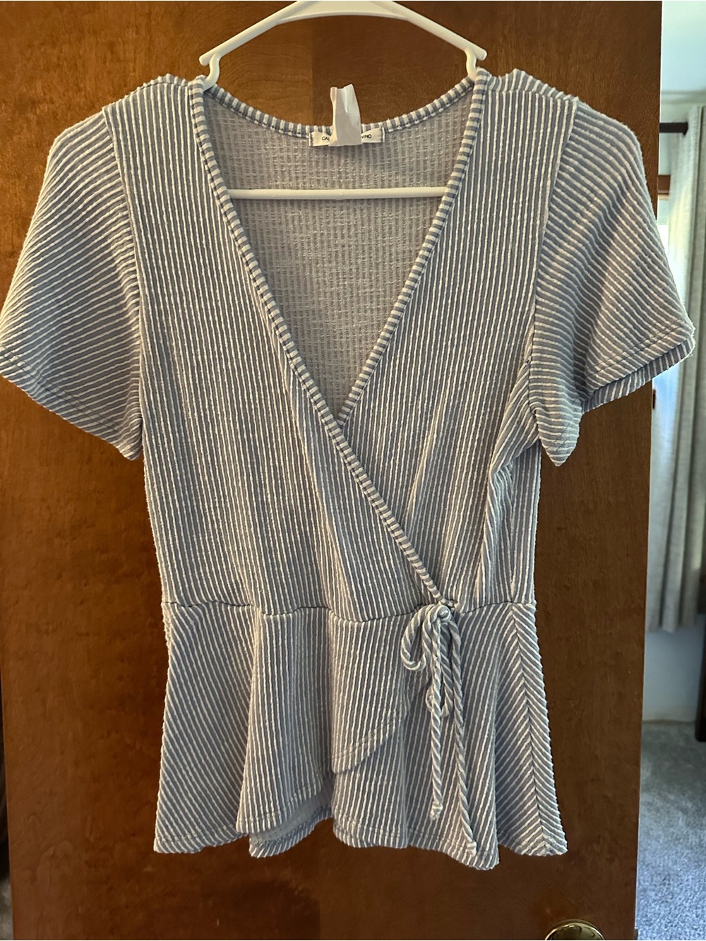 Caution To The Wind Blue and White Striped Wrap Peplum Tunic